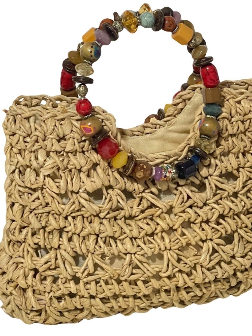 Cappelli Straworld Purse Handbag Round Beaded Jewel Handles Beige/Gold Lined